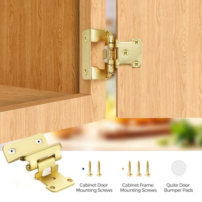 4 Pack (2 Pairs) 1/2" Overlay Cabinet Hinges, Gold Self-Closing Semi-Concealed Partial Wrap Face Frame Hinges for Cabinet Doors - color: Gold