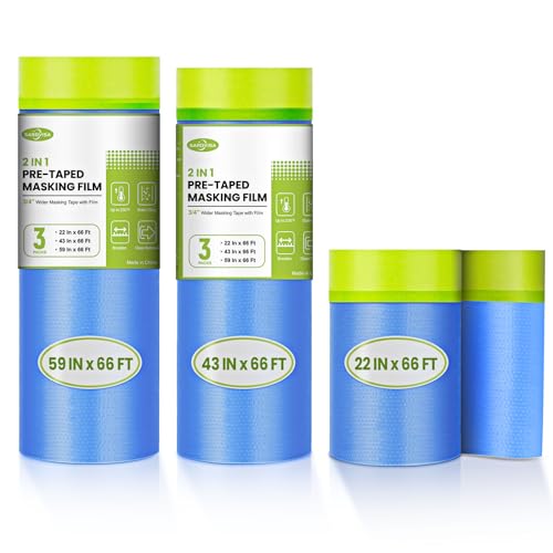 SARDVISA Pre-Taped Masking Film for Painting, 59/43/ 22 in * 66 FT, 3-Rolls Painters Plastic Sheeting with Widened Paint Tape and Drape for Covering Walls, Windows, Cars & Furniture Protection