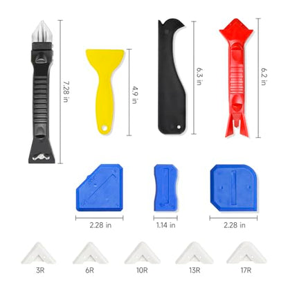 Stainless Silicone Caulking Tools Kit,Set of 13pcs Sealant Finishing Tool Grout Scraper,Putty Knives,5 Silicone Pads,Sink Joint Caulk Remover with 3pcs Glass Glue Angle Scraper