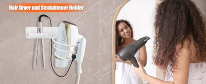 YUET Hair Dryer Holder Hairdryer Station Wall Mounted Shelf Bracket Straightener Stand Hanger Organizer Blow Storage with Cable Tidy Rack for Dressing Table Bathroom Aluminum Professional, White - color: White