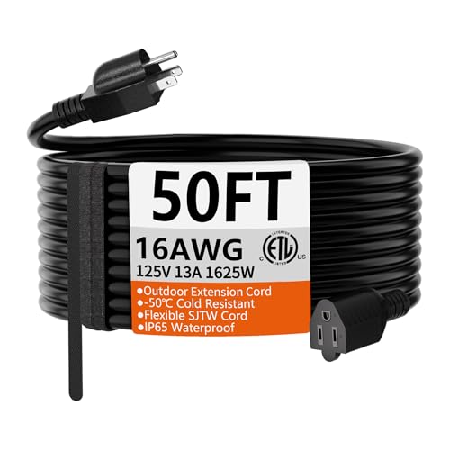 HUANCHAIN 50 FT 16 Gauge Black Indoor Outdoor Extension Cord Waterproof, Flexible Cold Weather 3 Prong Electric Cord Outside, 13A 1625W 125V 16AWG SJTW, ETL Listed - color: Black, size: 50FT, style: 16/3 Extension Cord