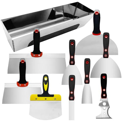 Drywall Hand Tool Kit, 10 Pieces Stainless Steel Drywall Knife Set Include Putty Knife, Taping Knifes, Painter Scraper, 14" Mud Pan & 6" Scoop for Joint Taping, Finishing, Patching - size: Drywall Knife Set, 10pcs