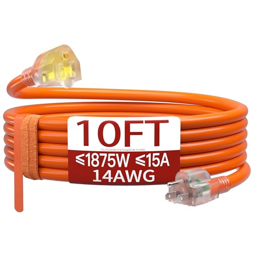 10 FT 14/3 Extension Cord Outdoor, Heavy Duty Weatherproof & Flame Retardant Orange 3 Prong Power Cord with Light, Outside for Lawn & Garden, 15 Amps 1875 Watts 125 VAC 14AWG SJTW, ETL Listed - color: Orange, size: 10FT, style: 14AWG
