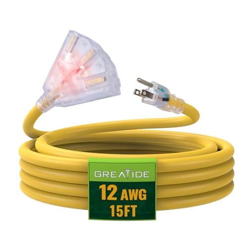 15 Ft Lighted Outdoor Extension Cord with 3 Electrical Power Outlets - 12/3 SJTW Heavy Duty Yellow Extension Cable with 3 Prong Grounded Plug for Safety, UL Listed - color: Yellow, size: 15ft