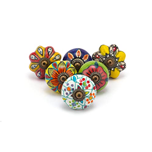 Cabinet Knobs - Pack of 6 - Assorted Colorful Ceramic Drawer Pull Handle Kitchen Cabinet Cupboard Wardrobe Knob - Proudly Made in India - Multicolor - color: Assorted Multicolor