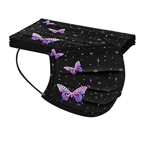 50Pcs Black Face Mask Adult Breathable Mask Butterfly Protective 3Ply Earloop Face Mask for Men Women