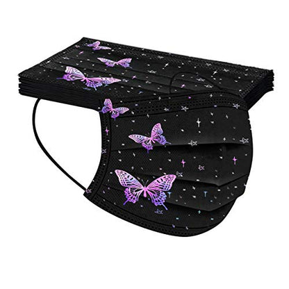 50Pcs Black Face Mask Adult Breathable Mask Butterfly Protective 3Ply Earloop Face Mask for Men Women