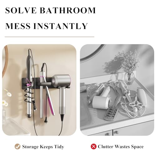 BSICPRO Hair Dryer Holder-3 in 1 Blow Dryer Holder-Metal Bathroom Hair Tool Organizer Wall Mounted-Bathroom Organizer for Hairdryer Curling Iron Flat Iron (Black) - color: Black