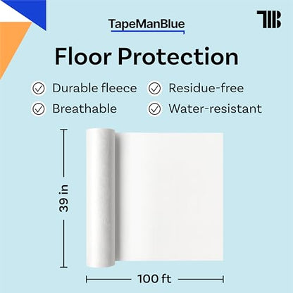 TapeManBlue Temporary Floor Protector Roll, 39" x 100', Water and Slip Resistant, Heavy Duty Temporary Floor Covering for Construction, Painting, Moving, and Parties, Surface Protection Fleece, White - size: 39 Inch X 100 Feet