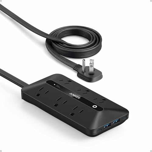 Anker Power Strip with 300J Surge Protector, Flat Plug Extension Cord with Multiple Outlets, 6 AC, 2 USB A & 2 USB C Ports for 20W, 10ft Outlet Extender, Dorm Room Essentials, Home Office - color: Black, size: 10FT