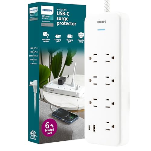 Philips 7-Outlet Surge Protector with USB Charging, 6ft Braided Extension Cord, 1USB-A, 1USB-C, 1500J, Adapter Spaced, Outlet Extender Power Strip, White - SPP3983W/37 - style: 7 Outlet | 1 USB | 1 USB-C