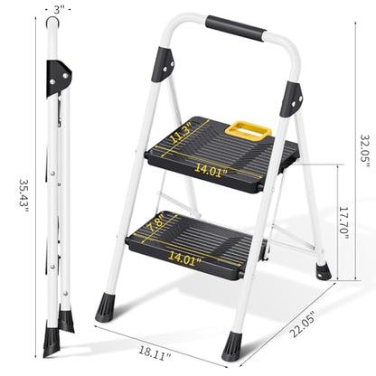 KINGRACK 2 Step Folding Ladder, 800lbs Capacity Step Stool with Safety Lock, Non-Skid Wide Pedals, and Handrail, Lightweight, Household Ladder for Home, Kitchen, Pantry, Closets, and Office Use, White - size: 2-STEP