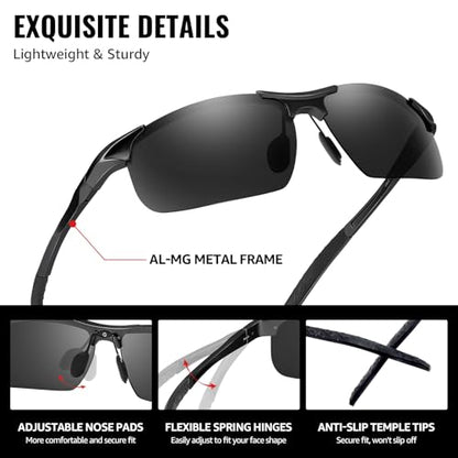 TJUTR Mens Photochromic Sunglasses Day & Night Driving Z87 Sun Glasses Polarized UV400 Protection Safety Glasses - color: C Black Frame/Grey Polarized Lens