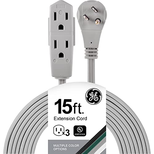 GE 3-Outlet Flat Extension Cord 15 Ft Grounded Extension Cord with Multiple Outlets 3 Prong Outlet Extender Flat Plug Power Strip Indoor 16 Gauge UL Listed Gray 43026 - color: Gray, size: 15 Ft