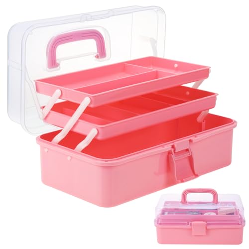 Pink Tackle Box, Craft Organizers and Storage 3-Layer Portable Folding Toolbox, Plastic Tool Box with Handle for Sewing Medicine Art Supplies, Nails and Hair Accessories 12.5inch - color: Pink