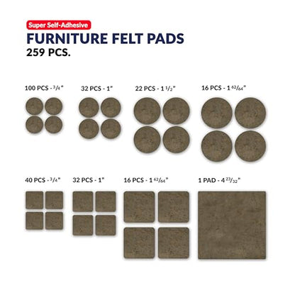 Furniture Felt Pads Brown 259 Pcs Strong Self Adhesive Protectors for Hardwood Floors Laminate Flooring Furniture Feet Chair Legs Table Cabinet Couch Non Scratch Peel Stick Felt Pad Set for All Floors - size: 259 pcs. Brown