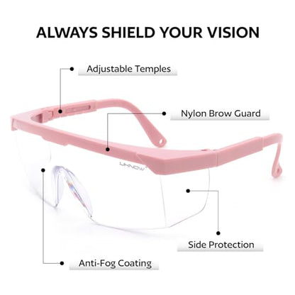 UKNOW Safety Glasses 2 Pack - Anti Fog Safety Goggles ANSI Z87.1 - Adjustable Protective Eyewear - Clear Lens Lab Goggles - color: Pink