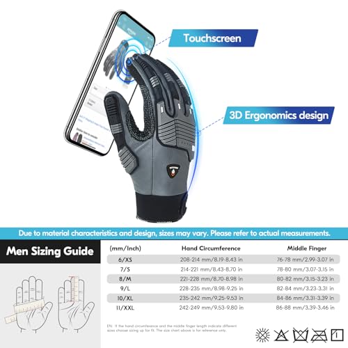 Vgo... 1 Pair -20℃/-4°F COLDPROOF,Winter Work Leather Gloves,Impact Gloves,Anti-Vibration,Water Resistant(CA7722FW) - color: Gray, size: Small