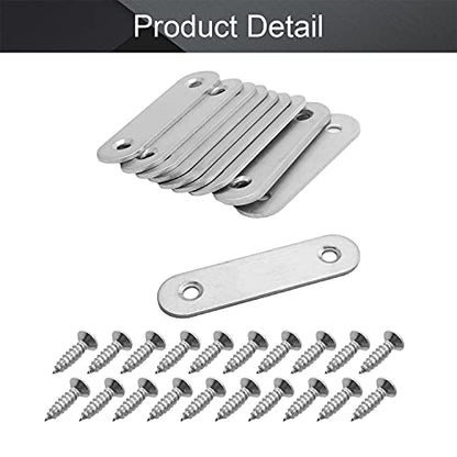 MroMax 10Pcs 201 Stainless Steel Straight Brackets 2.36" x 0.63" Flat Straight Braces Brushed Metal Fixed Connecting Plate for Repairing Furniture, Bookcase, Table, Chair Legs 2 Holes with Screws - size: 2.36"x 0.63"x 0.08"(LxWxT)