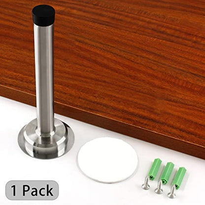 1pc 6 Inch Door Stops, Self Adhesive Long Door Stopper, Stainless Steel Sound Dampening Door Stop, Wall Mount Screw Doorstop with Rubber Bumper (Silver) - size: 6 Inch-Silver