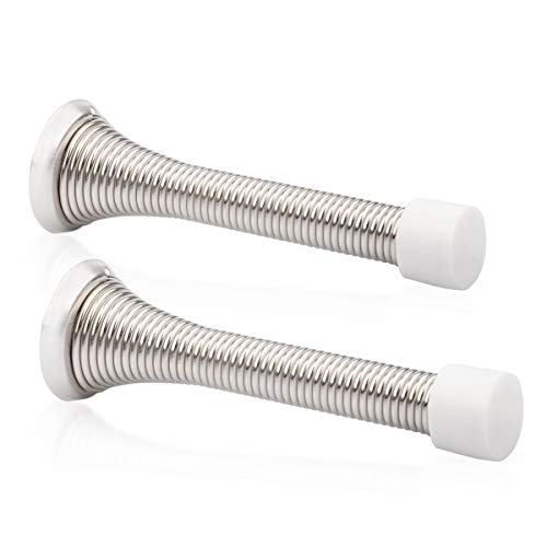 2 Pack Spring Door Stopper Brushed Satin Nickel- 3-1/4" Flexible Spring Door Stops with White Rubber Bumper Tips - color: Satin Nickel, size: 2 Pack