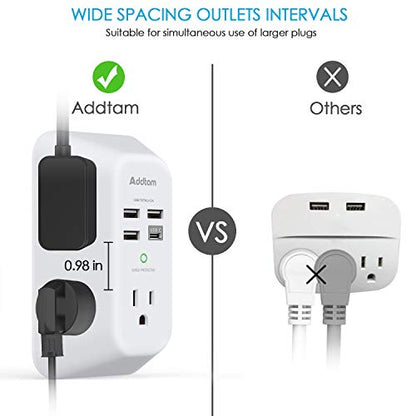 Addtam 5-Outlet Extender Surge Protector, Multi Plug Wall Outlet with 4 USB Wall Charger(1 USB C Ports), Outlet Splitter Power Strip for Home Office Dorm Room Essentials, Plug Extension Outlet 1800J - size: 1c3a