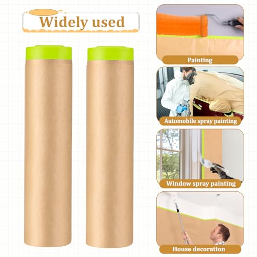 2 Rolls Pre-Taped Masking Paper for Painting 24 inch x 50 feet Tape and Drape Painters Painters Masking Tape Adhesive Protective Paper for Auto Body Covering Skirting Wall Covering