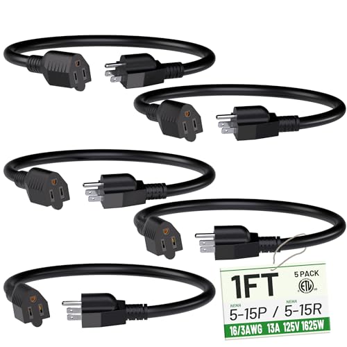 Short Extension Cord 1 Foot Black 5 Pack, 16/3 Gauge Indoor Power Extension Cable, 13A 125V 1625W 16AWG, 3 Prong Outlet Saver NEMA 5-15P to NEMA 5-15R, ETL Listed POWGRN - size: 1FT-5pc