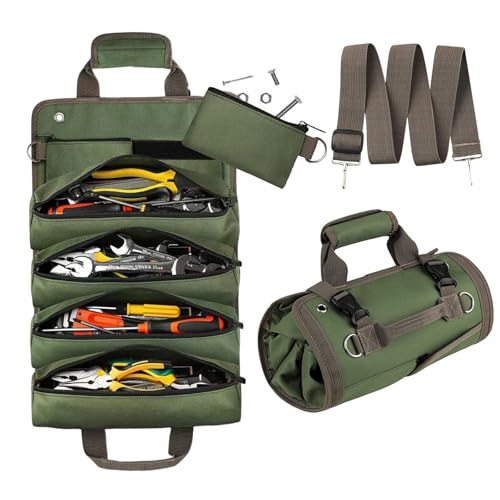 Roll Up Tool Bag 6 Pockets Heavy Duty Motorcycle Tool Roll Bag Storage Organizer with Detachable Pouches Portable Adjustable Shoulder Strap Gifts for Mechanic Electrician Car Truck - color: Green