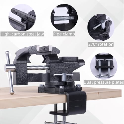 Bench Vise, 6" Jaw Width, Table Vise For Workbench,2-in-1 Multi-Purpose Heavy Duty Bench Vice With Two Multifunctional Jaws, 270° Swivel Base Home Vise for Woodworking, Welding and DIY