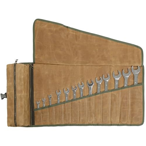 Kaaltisy Tool Roll Organizer, Canvas Wrench Roll with 2 Zippered Pouches + Buckle Closure, Heavy Duty 16oz Waxed Canvas Roll Up Tool Pouch for Wrench Set Chisel Screwdriver | Khaki | 26" L x 12.5" W - color: Khaki