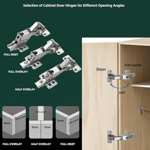 BADALU 165 Degree Kitchen Cabinet Hinges (1 Pair, 2 PCS) Concealed Hydraulic Adjustable Mounting, Soft Closing Nickel-Plated Steel Buffer Dampers for Frameless Cabinet Doors(Fixed Half Overlay) - style: 165 Degree Half Overlay 2pcs