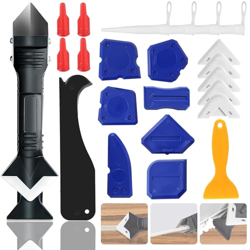 Caulking Tool Kit,Caulk Remover Tool,3 in 1Silicone Caulking Tool Kit, Grout Scraper, Reuse and Replace 5 Silicone Pads, Bathroom, Kitchen, Floor, Window, Sink Joint, Frames Seal Tools (23 PCS)