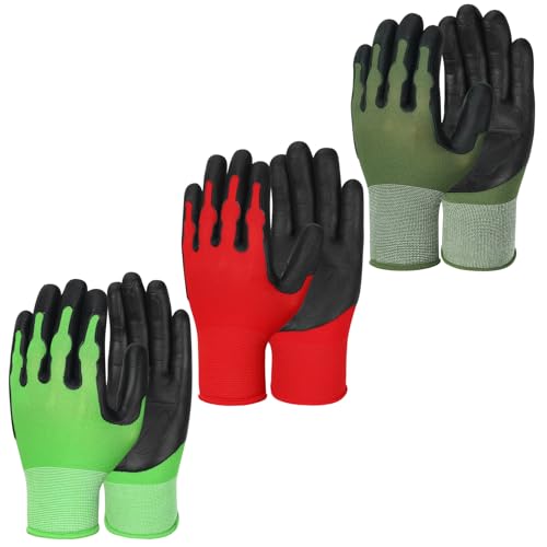 Gardening Gloves for Men Women, 3 Pairs Breathable Grip Work Gloves TPE Coated for Yard Outdoor, Planting, Landscaping