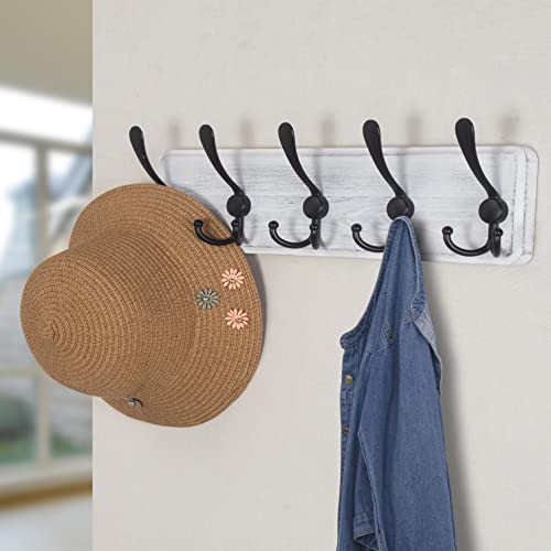 Dseap Coat Rack Wall Mounted - 5 Tri Hooks, Heavy Duty, Wooden Wall Coat Hanger Coat Hook for Clothes Hat Jacket Clothing, White & Black, Pack of 2 - color: White & Black, size: L=17.4"
