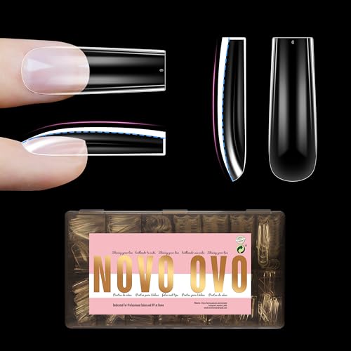 NOVO OVO Long Square Nail Tips SCULPTED (Not NATURAL) for Curved Nail Beds, Extra Thick L Length False Nails Press on, Full Cover Soft Gel Fake Nail Extension, Salon DIY x 15 Sizes 450 pcs - color: L Square Sculpted Thick