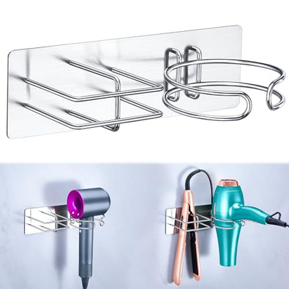 Hair Dryer and Straightener Holder Wall Mounted, Self Adhesive Blow Dryer and Flat Iron Storage Hair Tool Organizer for Bathroom Vanity (Silver) - color: Silver