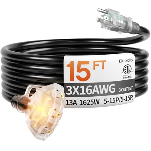 15 ft 16/3 awg 3 Outlet Extension Cord Splitter with Indicator, Waterproof Indoor/Outdoor Extension Cord with Multiple Outlets, 13A 1625W for Home & Workshop, ETL Listed, Flexible Black SJTW - color: Black, size: 15ft