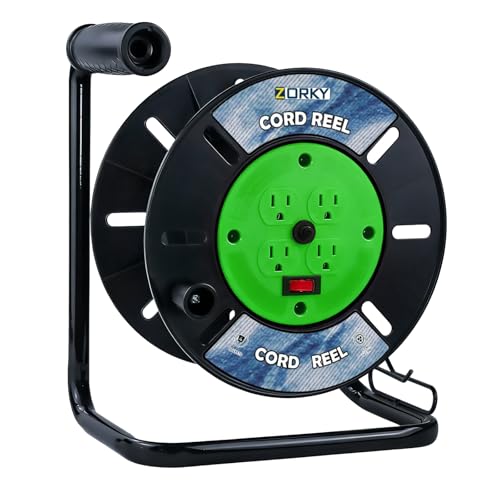 Extension Cord Storage Reel, Retractable Heavy Duty Open Cord Reel for 12/3,14/3,16/3 Gauge Extension Cord, Portable Empty Hand Wind Power Cord Roller Holder with 4-Grounded Outlets - color: Green