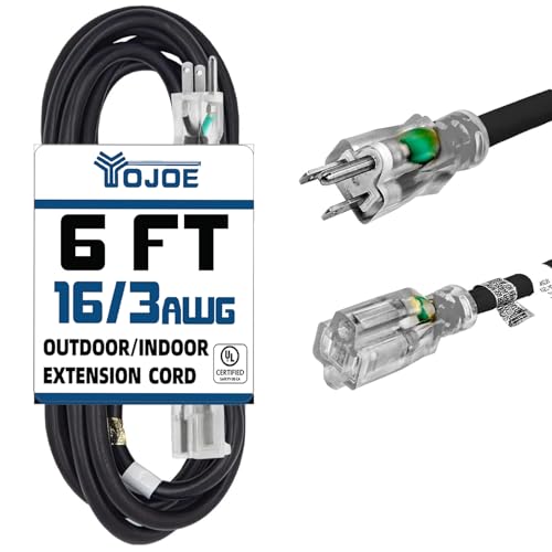 YOJOE Indoor Outdoor Extension Cord with Lighted End, 3 Prong 13A Weatherproof Power Cord, 16 Gauge Heavy Duty 6 ft Black Extension Cord for Garage, Garden and Home, 16/3 SJTW UL Listed - color: Black, size: 6 Foot, style: 16/3 Lighted-End