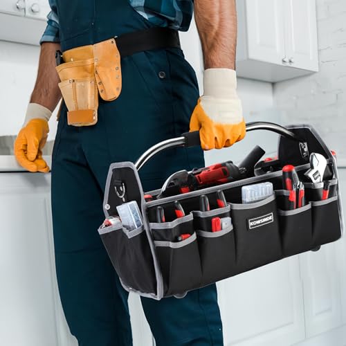 Kowsinde 18 Inch Tool Bag, Electrician Tool Bag, Open Top Tool Bags, 26 Pockets Can Hold Many Tools, Steel Handle and Removable Shoulder Strap - color: Grey