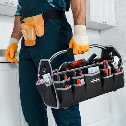 Kowsinde 18 Inch Tool Bag, Electrician Tool Bag, Open Top Tool Bags, 26 Pockets Can Hold Many Tools, Steel Handle and Removable Shoulder Strap - color: Grey