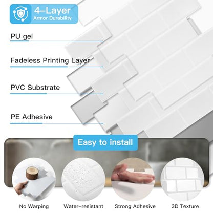 Art3d Peel and Stick Backsplash Tiles – 12"x12" White Washed Thicker Design, Self-Adhesive Wall Tile for Kitchen & Bathroom - color: White Washed