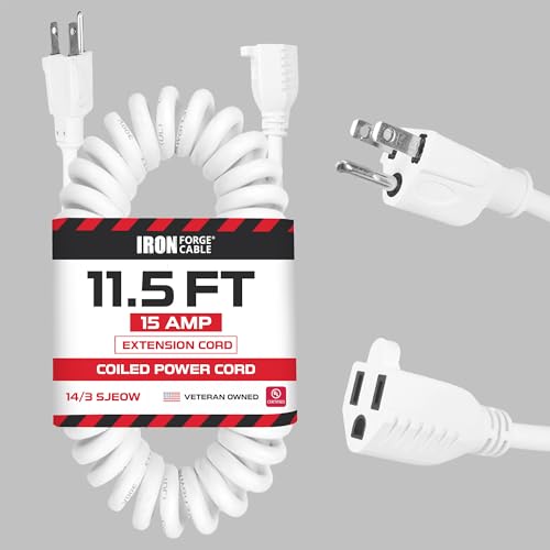 Iron Forge Cable 11 ft White Coiled Extension Cord - 14/3 SJEOW Oil Resistant & Flame Retardant 3 Prong 15 Amp Coiled Power Cord for Indoor or Outdoor Use, Great for Farms & Ranches - color: White, size: 11 ft
