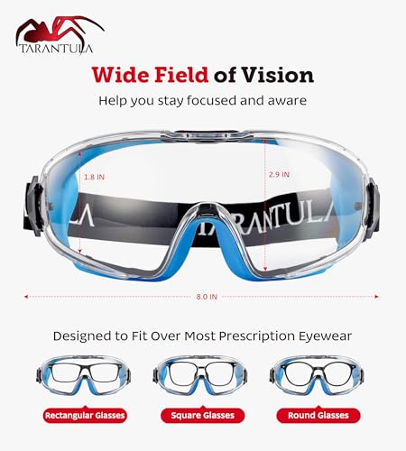 Tarantula ANSI Z87.1+ Safety Goggles Over Glasses, Anti-Fog & Anti-Scratch, Adjustable Strap, Lab Eye Protection, Woodworking - color: Clear & Blue