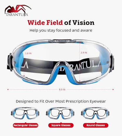 Tarantula ANSI Z87.1+ Safety Goggles Over Glasses, Anti-Fog & Anti-Scratch, Adjustable Strap, Lab Eye Protection, Woodworking - color: Clear & Blue