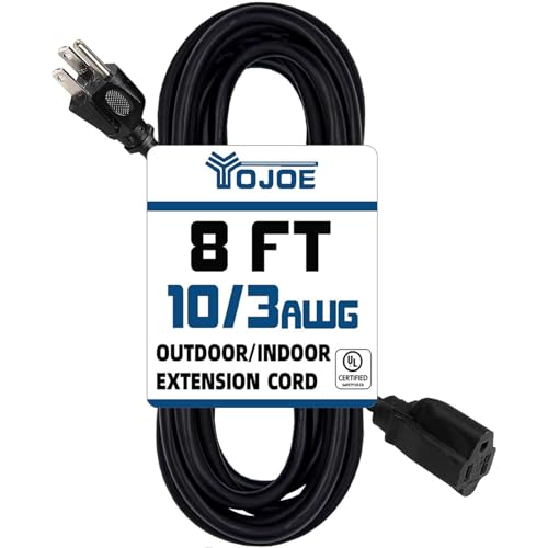 YOJOE Indoor Outdoor Extension Cord, 3 Prong 15A Weatherproof Power Cord, 10 Gauge Heavy Duty 8 ft Black Extension Cord for Garage, Garden and Home, 10/3 SJTW UL Listed - color: Black, size: 8 Foot, style: 1-Outlet