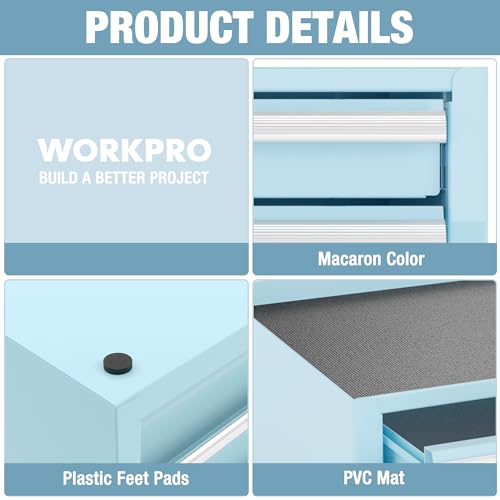 WORKPRO 12.5" Mini Tool Box with 2 Drawers & 1 Open Top Storage, Small Metal Tool Chest with PVC Liners & PP Feet Pads, Cold Rolled Steel Toolbox with Drawer Liners & Magnetic Tabs - color: Macaron Blue