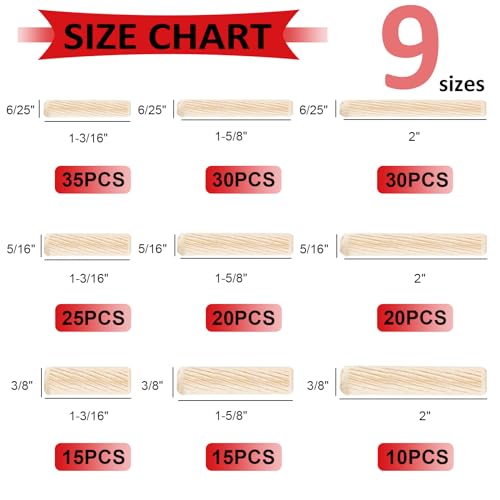 smseace Wooden Dowel Pins with Tapered End with Bevel Angle Groove Wood Pegs - 9 Sizes 6/25inch 5/16inch 3/8inch(6mm, 8mm, 10mm) Used for Crafts, Furniture, Door, DIY - size: 200Pcs Twill Wood Pin - 9 Sizes