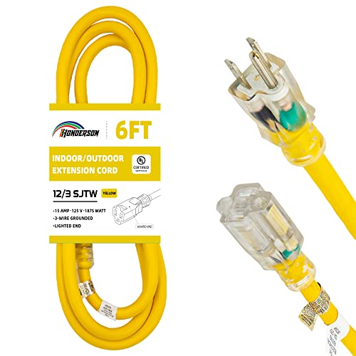 Indoor Outdoor Extension Cord Weatherproof with Lighted End, UL Listed, 12 Gauge 6FT Yellow 3 Prong Heavy Duty, 12/3 SJTW 15A Power Cord for Outdoor Lights, Lawn - size: 6FT, style: 12/3